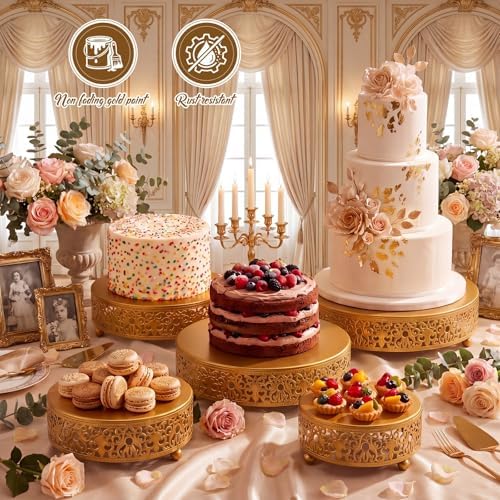 Wenqik 5 Pcs Metal Gold Cake Stand,16/14/12/10/8 in Round Cake Holder - Image 4