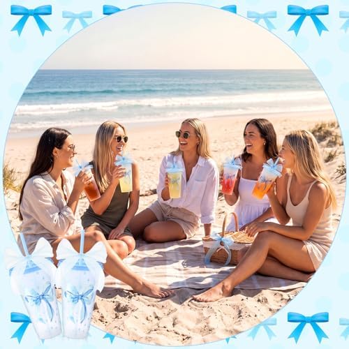 Willinglong 24 Blue Bow Cups with Lid Straw Galentines Party Favor 24 oz - Image 6