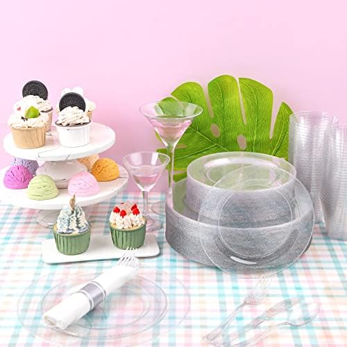 DaYammi 350PCS Silver Glitter Plastic Dinnerware Set for 50 Guests - Image 4