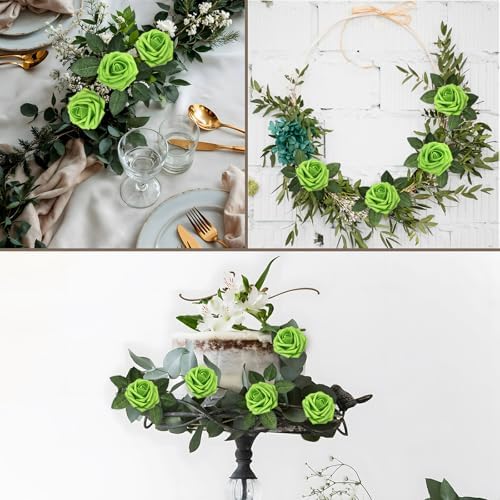 100Pcs Green Artificial Flowers Real Looking Foam Fake Roses, Rose Artificial Wedding Flowers Combo for Wedding Bouquets Centerpieces Flower Arrangements Decorations (Apple Green, 100) - Image 4