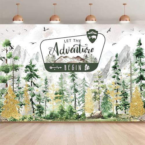 Watercolor Gold Glitter Let The Adventure Begin Backdrop Mountain Pine Tree Wilderness Background Bear Badge Woodland Adventure Baby Shower 1st Birthday Party Photography Booth Banner，A：8X6FT - Image 3