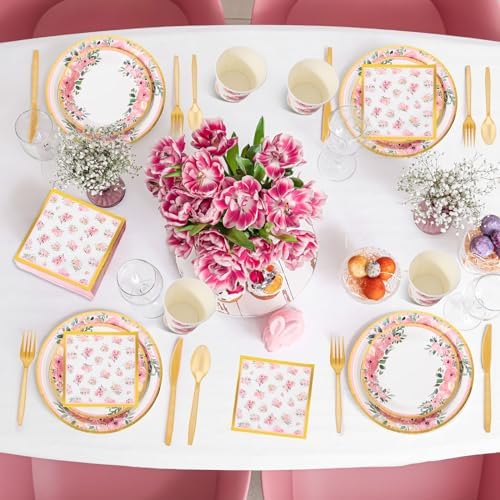 Ziliny 350 Pcs Floral Party Supplies Tableware Set Disposable 9'' 7'' Paper Plates 9 oz Cups Cutlery Napkins Dinnerware for Baby Shower Bridal Wedding 1st Birthday, Serve 50 (Floral, Rose Gold) - Image 6