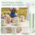 FillTouch 100 Sets Wildflower Floral Paper Tea Cups and Saucers Disposable Paper Tea Party Supplies 9 oz Cups with Handle and Saucer for Birthday Wedding Party Decorations - Image 5