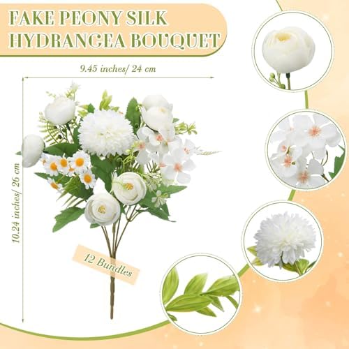 Tigeen 12 Bundles Peonies Artificial Flowers Faux Roses, Pure White - Image 2
