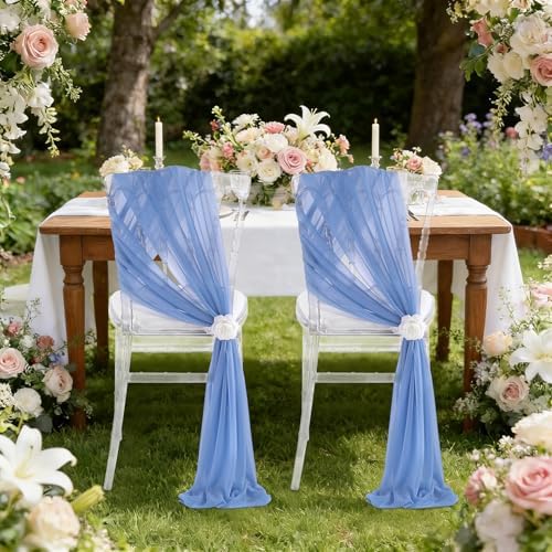 Fanqisi Dusty Blue Chair Sashes Ceremony: 32 Panels Tulle Sheer Chair Bows - Wedding Birthday Party Banquet - Image 5