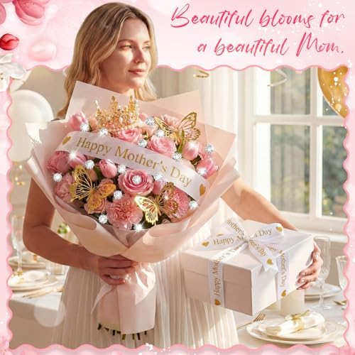 Zeyune 114 Pcs Flower Bouquet Accessories Includes 2 in x 5 Yard Glitter Mother's Day Satin Ribbon, Gold Bouquet Crown, Butterfly Decor and Rhinestone Flower Pin for Birthday Wedding Baby Shower - Image 6