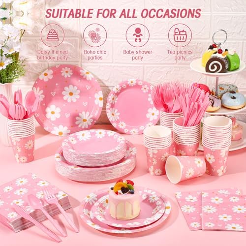 Ziliny 350 Pcs Daisy Party Supplies Tableware Set Disposable 9'' 7'' Paper Plates 9 oz Cups Cutlery Napkins Dinnerware Set for 1st Birthday, Serve 50 (Daisy Birthday, White, Pink) - Image 3