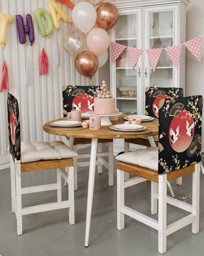 Cherry Blossom Chair Back Covers for Dining Chairs 8 Pack, Harmony Crane Red Moon Paper Fan Washable Removable Chair Slipcover Back Chairs Protector for Wedding Baby Shower Party - Image 4