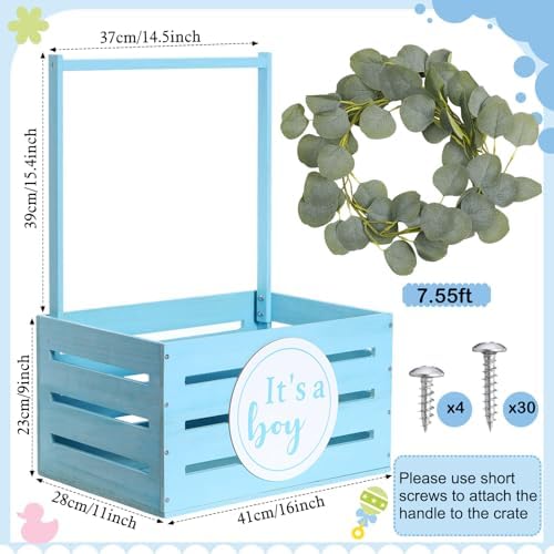 Barydat Wooden Baby Shower Basket Gender Reveal Crate Closet, Blue, Boy - Image 2