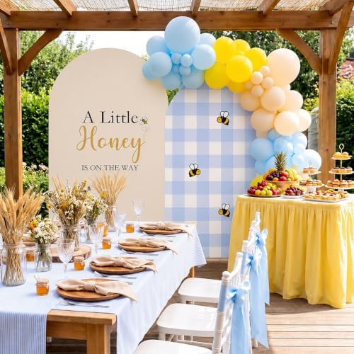 Set of 2 Little Honey Arch Backdrop Cover 2PCS Honey Bee Baby Shower Spandex Arch Covers Blue Gingham Gender Reveal Birthday Party Decoration (Cream Beige,6FT & 5FT) - Image 6