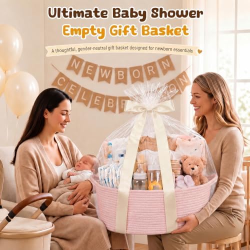 OIAHOMY Large Gift Basket Empty 18.5" x 13.8" x 7.5", Storage Basket with Gift Bag, Ribbon and Glitter Tulle for DIY Anytime, Toy Storage for Kids, Dogs with Handles in A Stylish Design - Pink - Image 5