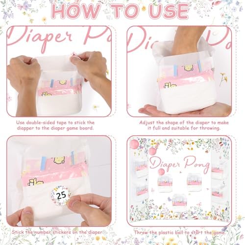 Wildflower Baby Shower Diaper Game Set Baby Shower Favor 1 Spring Floral Games Board Diapers 10 Pink Plastic Balls 1 Wildflower Game Instruction Sign for Flower Gender Reveal Games Decoration - Image 4
