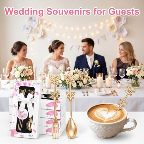 30 Pcs Butterfly Wedding Forks and Spoon Set with Pink Gift Box - Image 7