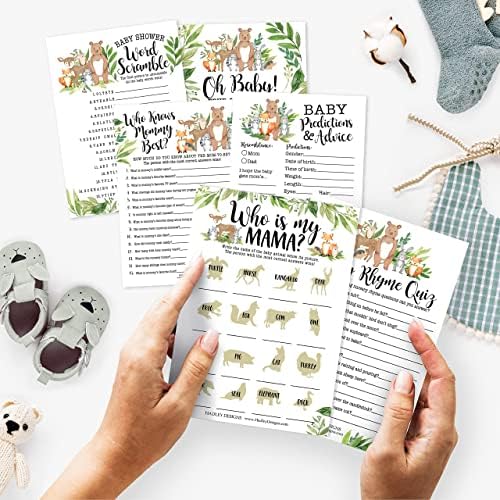 25 Woodland Animal Matching, 25 Nursery Rhyme Game, 25 Word Scramble For Baby Shower, 25 True Or False Game, 25 Who Knows Mommy Best, 25 Baby Prediction And Advice Cards - 6 Double Sided Cards - Image 2