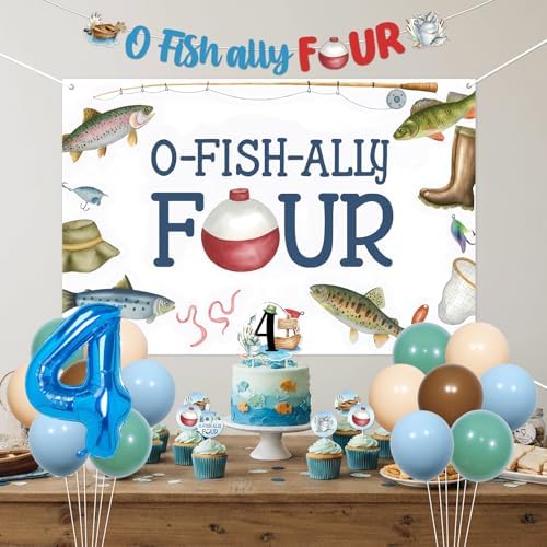 O Fish Ally Four Birthday Decoration Backdrop Banner Fishing 4th Birthday Cake Cupcake Toppers Gone Fishing Latex Foil Balloons for Boy Little Fisherman 4 Years Old Party Decor Supplies - Image 2