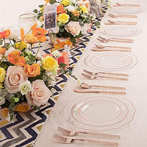 Liacere 150PCS Rose Gold Plastic Plates - Clear Rose Gold Disposable Plates with Glitter Bamboo Handle Cutlery - 60 Baroque Elegant Plates, 30 Forks, 30 Spoons, 30 Knives for Wedding ＆ Party & Summer - Image 4