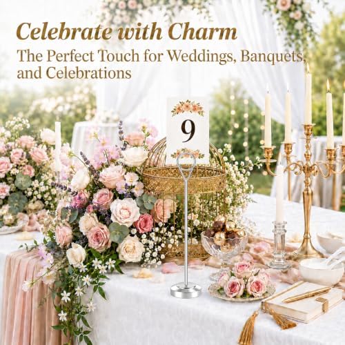Radezon 12 Pack Silver Table Number Holders, 8inch Weighted Base Place Card Holders for Outdoor Wedding, Windproof Sturdy Metal Photo Stands for Reception Tables, Parties & Events - Image 7