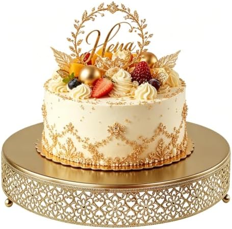 14 Inch Luxury Gold Cake Stand, Round Metal Dessert Display with Ornate Filigree Lace, Dual‑Coated Premium Finish for Wedding, Anniversary & Elegant Home Decor by FEICTPOX