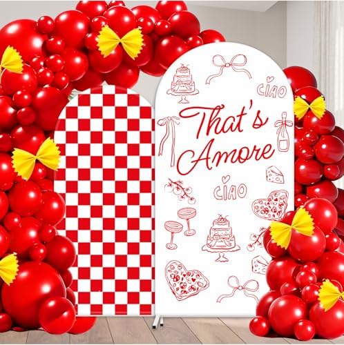 FYSUIMU 2 Pcs That's Amore Arch Backdrop Covers Red Plaid Pizza Pasta Stretchy Spandex Arch Stand Fabric Cover for Italian Party Wedding Bridal Shower Bachelorette Engagement Decorations (5ft/6ft) by FYSUIMU