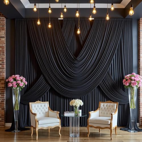 30 ft x 10 ft Wrinkle Free Black Backdrop Curtain for Parties, 6 Panels Silky Polyester Black Wedding Drapes for Backdrop 10 ft Photo Back Drop Cloth for Birthday Graduation Photography Background - Image 2