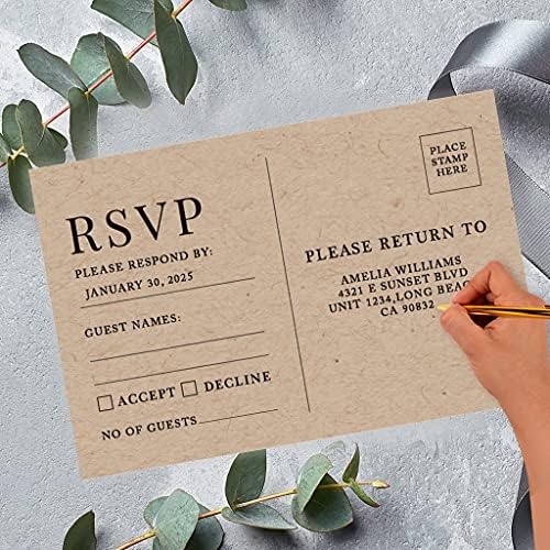 Andaz Press 56-Pack Personalized RSVP Postcards for Wedding Kraft Brown Art Deco Cardstock Response Reply Cards for Bridal Shower Baby Shower Birthday Event Custom Date and Return Address 4 x 6-Inch - Image 2