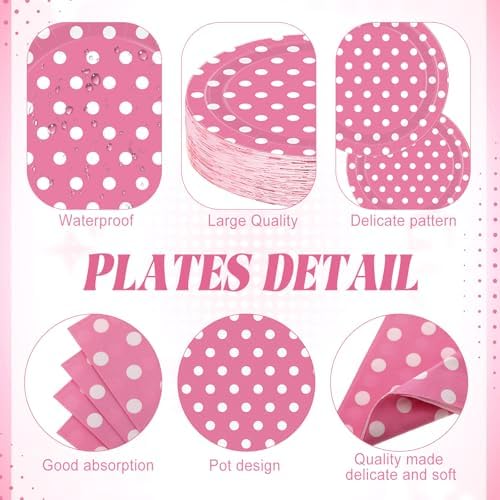 Funnymoom 400 Pcs Pink Polka Dot Party Supplies for 50 Guests White Polka Dot Paper Plates and Napkins Knives Spoon Fork Cup Set Cutlery for Birthday Wedding Bridal Shower Pink Girl - Image 2