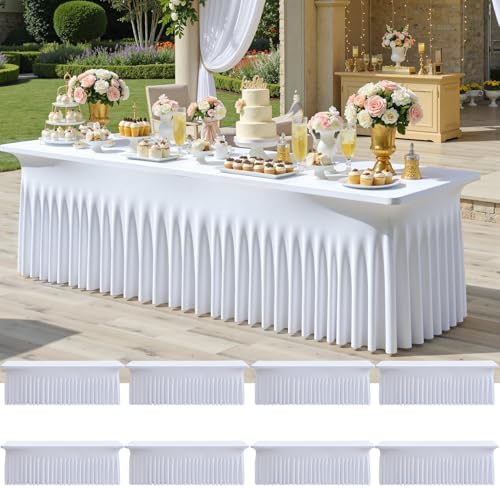8Pack White Spandex Tablecloths for 8 Foot Rectangle Tables, Wrinkle Free Stretchy Fitted 8FT Table Cloths Cover Desk Skirt for Parties Weddings Birthday Banquet Baby Shower Events by Htper