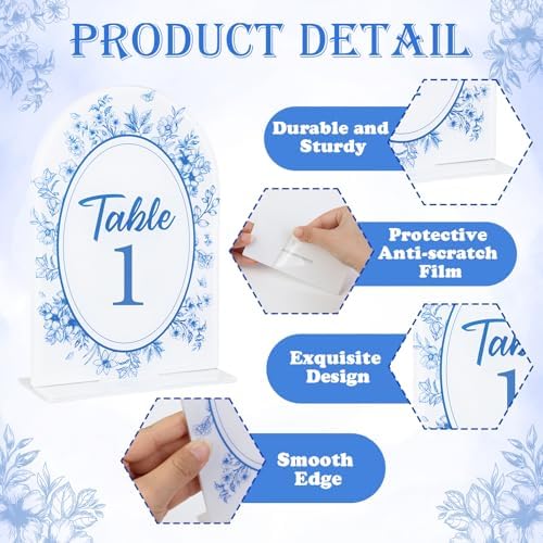 Blue Toile Themed Wedding Acrylic Table Number 1-20 with 20Pcs Stands, 5"x7" Blue Floral Place Card Centerpiece Decor Indoor Outdoor Wedding Bridal Shower Anniversary Party Reception - Image 5