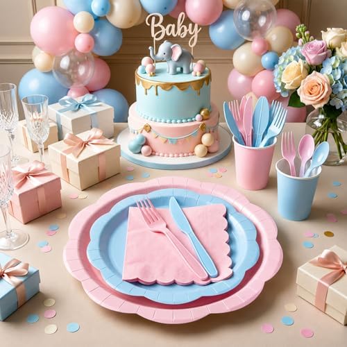 350 Pcs Gender Reveal Party Supplies for 50 Guests, Pink and Blue Paper Plates and Napkins Set with Cups, Knives, Forks & Spoons, Thickened Decagonal Plates for Baby Shower Boy or Girl Celebration - Image 3