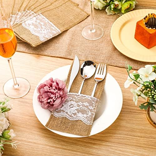 Windyun 100 Pcs Burlap Utensil Pouches Silverware Holders with Lace - Image 3