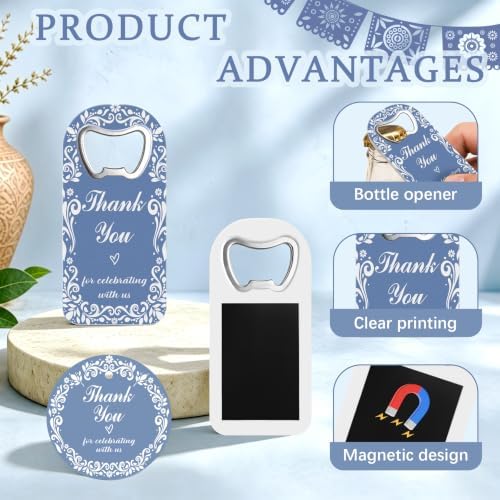 50 Set Wedding Favors for Guests Cielito Lindo Party Favors Blue Fridge Magnet Bottle Opener Thanks Cards with Organza Bags Wedding Thank You Gifts Bulk for Bridal Baby Shower Decorations - Image 3