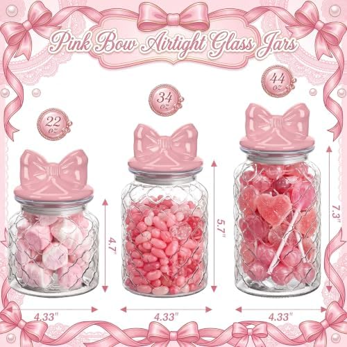 Potchen 3 Set Pink Bow Candy Glass Jars with Ceramic Lid Pink Mason Jars 44oz 34oz 22oz Cute Clear Gridding Cookie Storage Canister for Summer Party Baby Shower Tea Snacks Sugar - Image 3