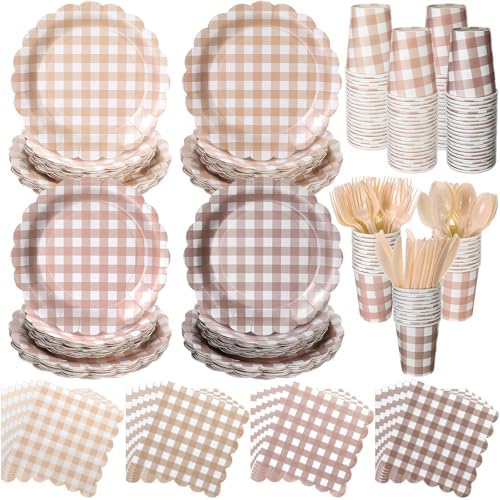 Yaomiao 168 Pcs Gingham Party Supplies Gingham Plates and Napkins Serves 24 by Yaomiao