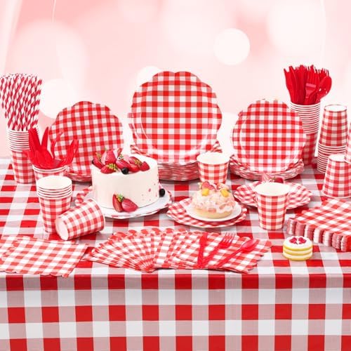 Funnymoom 452 Pcs Red Gingham Party Supplies for 50, Red and White Gingham Checkered Paper Plates Napkins Cups Tablecloth Cutlery Straws for Birthday Family Picnic Camping Barbecue Party Decoration - Image 6