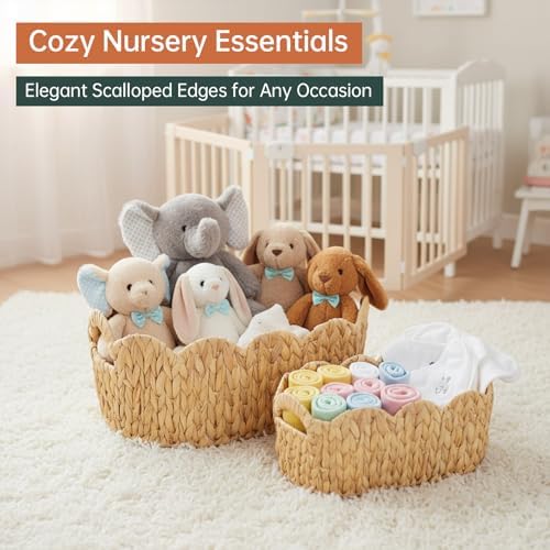 Coeusy Scalloped Basket Set of 2,Water Hyacinth Basket for Organizing and Decor,Hand-Woven Wicker Storage Baskets with Built-In Handles for Nursery,Gift - Image 3