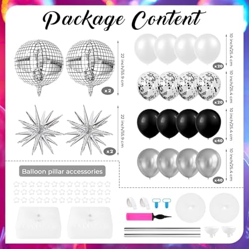 2 Sets Disco Balloon Column Stand Kits Adjustable Black and Silver Balloons Column Kit with Disco Ball Explosion Star 80s Party Themed Tower Stand Kit for Birthday Party Retro Dance Supplies - Image 3