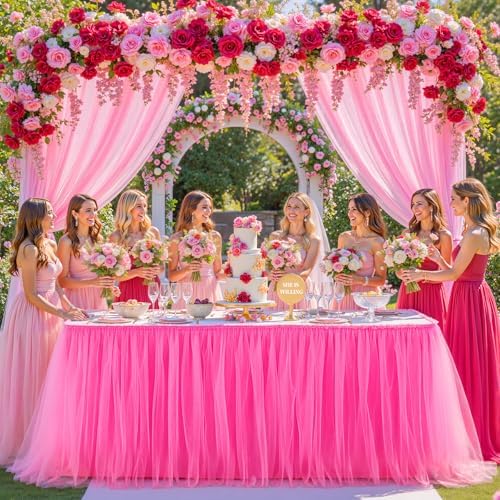 17FT Long Hot Pink Tulle Table Skirt for Rectangle Round Tables 3-Layer Ruffle Desk Teacher Skirt for Back to School Supplies Princess Girls Birthday Party Cake Dessert Classroom Dorm Decor - Image 4