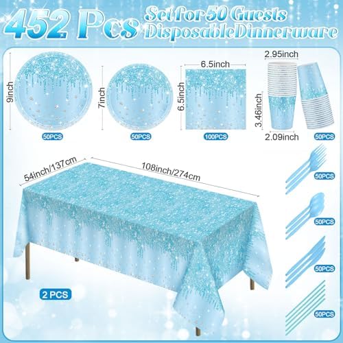 Funnymoom 452 Pcs Light Blue Party Decoration Include Glitter Baby Blue Paper Plates Napkins Cups Tablecloth Cutlery Straws Tableware for Baby Shower Birthday Wedding Graduation Party Supplies - Image 3