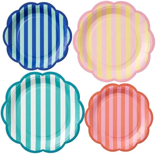 Domensi 60 Pcs Pastel Paper Plates for Party, Scalloped,Stripe,4 Color by Domensi