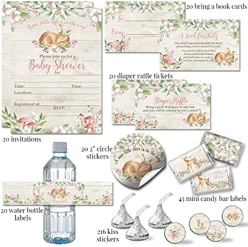 Amanda Creation Oh Deer Baby Shower Invitations, Woodland Baby Girl Shower Invitations Bundle with Envelopes, Diaper Raffle, Bring a Book Cards & Stickers - Image 2