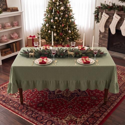 Eternal Beauty Christmas Green Striped Ruffled Tablecloth 52x70 Rectangle - Image 4