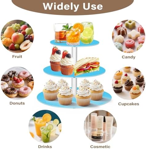 J JOYSAY Blue Light Pattern Acrylic Cupcake Stand 3 Tier Dessert Table Display Set Clear Cake Stands for Wedding Baby Shower Party Decorations Easy Assembly Pastry Tower - Image 5