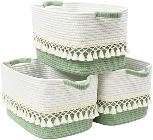 2 Pack Storage Basket, Heavy Tassel Woven Baskets for Storage, Boho Cotton Rope Storage Bin, Cube Organizer Bins, Baby Laundry Basket for Clothes, Toys, Diapers, Pets（White & Green） by Degeyoyo