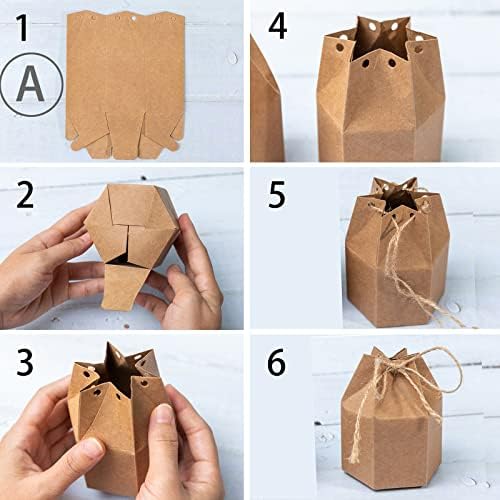 50Pack Mini Paper Gift Boxes Lantern Hexagon Kraft Paper Package Box with Twine Candy Chocolate Gift Packing Wrap for Wedding Party Christmas Brown (Pack of 2) - Image 3