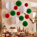 allydrew Christmas Pom Pom and Honeycomb Ball Party Decorations for Xmas, Winter, Holidays, Weddings, Birthdays (Set of 13), Red, Green, White - Image 4