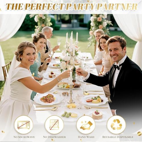 WDF 200PCS White and Gold Plastic Plates - Gold Plastic Plates - Include 100 Dinner & 100 Dessert Disposable Party Plate - Fancy Disposable Plate for Wedding/Baby Shower/Spring (Pack of 2) - Image 3