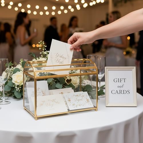 Cedilis Glass Wedding Card Box with Slot and Lock, 10 x 7.9 x 5.5 Inches Gold Clear Decorative Wedding Envelope Card Holder for Reception Birthdays Party, Bridal Shower, Graduation - Image 7