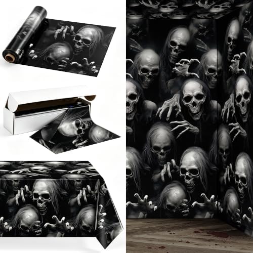 Kochorie 100 Ft x 54 Inch Halloween Graveyard Skeleton Tablecloth Roll with Cutter Box Waterproof Plastic Horror Theme Skeleton Ghouls Photography Backdrop for Halloween Spooky Party Decor by Kochorie