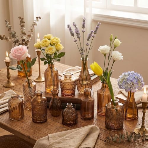 Mini Bud Vases Centerpieces for Tables,Clear Bud Vases for Flowers,Small Flower Vases Suitable for Birthday Party,Anniversary,Wedding Reception,Baby Shower (Amber, 12PCS) - Image 3