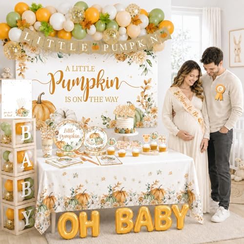 Little Pumpkin Baby Shower Decorations for Boy or Girl,295pcs Fall Baby Shower Plates and Napkins Cups Backdrop Tablecloth Topper Balloon for A Little Pumpkin Is On The Way Baby Shower Decorations - Image 3